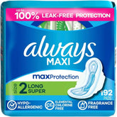 Always Maxi Feminine Pads with Wings for Women, Size 2, Long Super Absorbency, Unscented, 192 Count (6 Packs of 32)