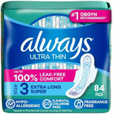 Always Ultra Thin Feminine Pads with Wings for Women, Size 3, Extra Long Super Absorbency, Unscented, Up to 100% Leak-Free Protection, 84 Count Total