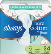 Always Pure Cotton Feminine Pads for Women, Size 2, Heavy Flow, with Wings, unscented, 34 CT