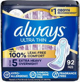 Always Ultra Thin Overnight Pads, Size 5, Extra Heavy Overnight, Unscented, 92 Count (2 Packs of 46)