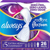 Always Radiant Feminine Pads for Women, Flexfoam Pads with Wings, Size 5, Extra Heavy Overnight Absorbency, Lightly Scented, 26 Count