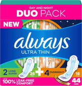Always Ultra Thin Pads Duo Pack, Feminine Pads with Wings for Women, Size 2 Long Super and 4 Overnight Absorbency, Unscented, Up to 100% Leak-Free Protection, 44 CT