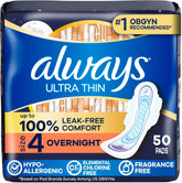 Always Ultra Thin Feminine Pads with Wings for Women, Size 4, Overnight Absorbency, Unscented, Up to 100% Leak-Free Comfort, 50 Count