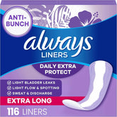 Always Panty Liners for Women Anti-Bunch Xtra Protection Daily Liners, Extra Long, Unscented, 116 Count