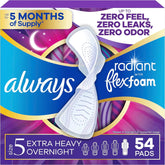 Always Radiant Feminine Pads for Women, Flexfoam Pads with Wings, Size 5, Extra Heavy Overnight Absorbency, Lightly Scented, 54 Count (3 Packs of 18)