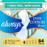Always Pure Cotton Feminine Pads for Women, FlexFoam Pads with Wings, Size 1, Regular Absorbency, Unscented, 84 Count (3 Packs of 28)
