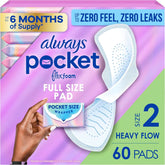 Always Pocket Feminine Pads with FlexFoam, Size 2, Heavy Flow, with Wings, Unscented, 60 Count (3 Packs of 20)