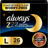 Always ZZZs Disposable Period Underwear, Size L, Absorbs 5X More Than an Ultra Thin Overnight Pad, Comfortable Sleep Worry-Free Nights 26 Count