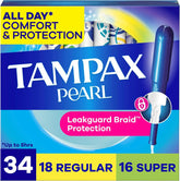 Tampax Pearl Tampons for Women Multipack, with LeakGuard Braid, Regular/Super Absorbency, Unscented, 34 Count