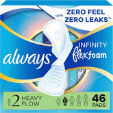 Always Infinity Feminine Pads for Women, Flexfoam Pads with Wings, Size 2, Heavy Absorbency, Unscented, 46 Count
