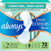 Always Pure Cotton Feminine Pads for Women, FlexFoam Pads with Wings, Size 2, Heavy Absorbency, Unscented, 72 Count (3 Packs of 24)
