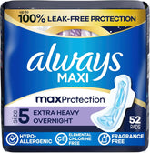 Always Maxi Overnight Feminine Pads with Wings for Women, Size 5, Extra Heavy Overnight Absorbency, Unscented, Up to 100% Leak-Free Protection, 52 Count