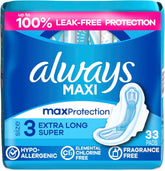 Always Maxi Feminine Pads with Wings for Women, Size 3, Extra Long Super Absorbency, Unscented, Up to 100% Leak-Free Protection, 33 Count