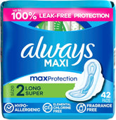 Always Maxi Feminine Pads with Wings for Women, Size 2, Long Super Absorbency, Unscented 42 Count