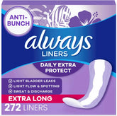 Always Panty Liners for Women Anti-Bunch Xtra Protection Daily Liners, Extra Long, Unscented, 68 Count x 4 (272 total)