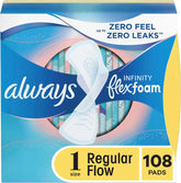 Always Infinity Feminine Pads for Women, Size 1 Regular, with Wings, unscented, 108ct