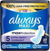Always Maxi Overnight Feminine Pads with Wings for Women, Size 5, Extra Heavy Overnight Absorbency, Unscented, Up to 100% Leak-Free Protection, 27 Count