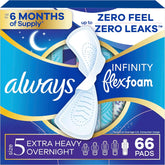 Always Infinity Feminine Pads for Women, Flexfoam Pads with Wings, Size 5, Extra Heavy Overnight Absorbency, Unscented, 66 Count (3 Packs of 22)