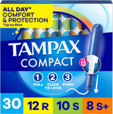 Tampax Compact Pearl Tampons for Women Multipack, with LeakGuard Braid & Extendable Applicator, Regular/Super/Super Plus Absorbency, Compact Extendable Applicator, Unscented, 30 Count