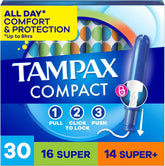 Tampax Compact Pearl Tampons for Women Multipack, with LeakGuard Braid & Extendable Applicator, Super/Super Plus Absorbency, Compact Extendable Applicator, Unscented, 30 Count