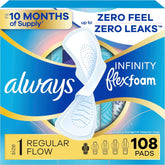 Always Infinity Feminine Pads for Women, Flexfoam Pads with Wings, Size 1, Regular Absorbency, Unscented, 108 Count (3 Packs of 36)