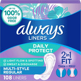 Always Daily Protect Multi-Style Liners, Regular Length, Unscented Panty Liners, Up to 100% Odor Free and Fragrance Free, Cleanguard Quilted Core Absorbs Wetness and Odors, 108 Count