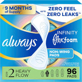 Always Infinity Feminine Pads for Women, Flexfoam Pads Without Wings, Size 2, Heavy Absorbency, Unscented, 96 Count (3 Packs of 32)