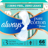 Always Pure Cotton Feminine Pads for Women, FlexFoam Pads with Wings, Size 3, Extra Heavy Flow Absorbency, Unscented, 66 Count (3 Packs of 22)