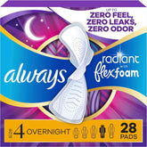 Always Radiant Feminine Pads for Women, Flexfoam Pads with Wings, Size 4, Overnight Absorbency, Lightly Scented, 28 Count