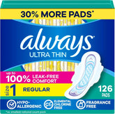 Always Ultra Thin Feminine Pads with Wings for Women, Size 1, Regular Absorbency, Unscented, Up to 100% Leak-Free Protection, 126 Count