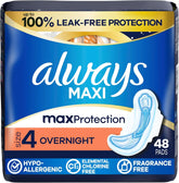 Always Maxi Overnight Feminine Pads with Wings for Women, Size 4, Overnight Absorbency, Unscented, Up to 100% Leak-Free Protection, 48 Count