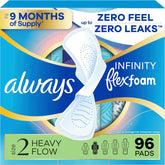 Always Infinity Feminine Pads for Women, Flexfoam Pads with Wings, Size 2, Heavy Absorbency, Unscented, 96 Count (3 Packs of 32)