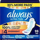 Always Ultra Thin Feminine Pads with Wings for Women, Size 4, Overnight Absorbency, Unscented, Up to 100% Leak-Free Comfort, 96 Count