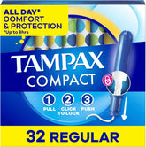 Tampax Compact Pearl Tampons for Women, with LeakGuard Braid & Extendable Applicator, Regular Absorbency, Compact Extendable Applicator, Unscented, 32 Count