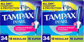 Tampax Pearl Tampons, Regular/Super Absorbency | Unscented | Leakguard Braid | 34 Count | Pack of 2
