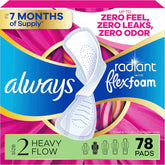 Always Radiant Feminine Pads for Women, Flexfoam Pads with Wings, Size 2, Heavy Absorbency, Lightly Scented, 78 Count (3 Packs of 26)