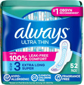 Always Ultra Thin Feminine Pads with Wings for Women, Size 3, Extra Long Super Absorbency, Unscented, Up to 100% Leak-Free Protection, 52 Count