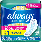 Always Ultra Thin Feminine Pads with Wings for Women, Size 1, Regular Absorbency, Unscented, Up to 100% Leak-Free Protection, 46 Count