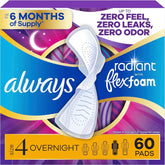 Always Radiant Feminine Pads for Women, Flexfoam Pads with Wings, Size 4, Overnight Absorbency, Lightly Scented, 60 Count (3 Packs of 20)