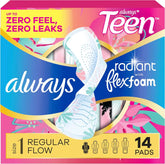 Always Radiant Teen Feminine Pads for Women, Size 1 Regular Absorbency, with Wings, Unscented, 14 Count