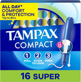 Tampax Compact Pearl Tampons, with LeakGuard Braid & Extendable Applicator, Super Absorbency, Compact Extendable Applicator, Unscented, 16 Count (Packaging May Vary)