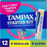 Tampax Starter Kit Multipack, with LeakGuard Braid, Regular/Super Absorbency, Easy First Tampon Trial, Unscented, 12 Count