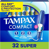 Tampax Compact Pearl Tampons for Women, with LeakGuard Braid & Extendable Applicator, Super Absorbency, Compact Extendable Applicator, Unscented, 32 Count