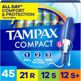 Tampax Compact Pearl Tampons for Women Multipack, with LeakGuard Braid & Extendable Applicator, Regular/Super/Super Plus Absorbency, Compact Extendable Applicator, Unscented, 45 Count