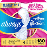 Always Radiant Feminine Pads for Women, Flexfoam Pads with Wings, Size 1, Regular Absorbency, Lightly Scented, 180 Count (6 Packs of 30)