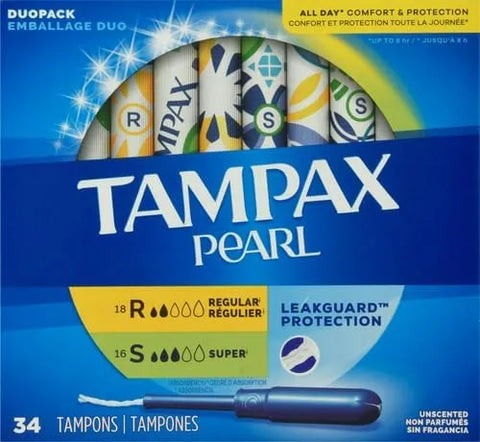 Tampax Pearl Tampons, Regular/Super Absorbency | Unscented | Leakguard Braid | 34 Count | Pack of 2
