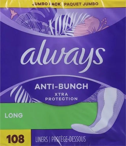 Always Panty Liners for Women Anti-Bunch Xtra Protection Daily Liners, Long, Unscented 108 Count (Pack of 4)