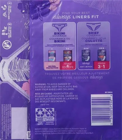 Always Panty Liners for Women Anti-Bunch Xtra Protection Daily Liners, Long, Unscented 108 Count (Pack of 4)