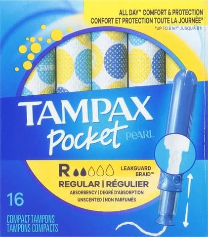 Tampax Pocket Pearl Tampons Regular Absorbency with LeakGuard Braid, Unscented, 16 Count (Pack of 2)