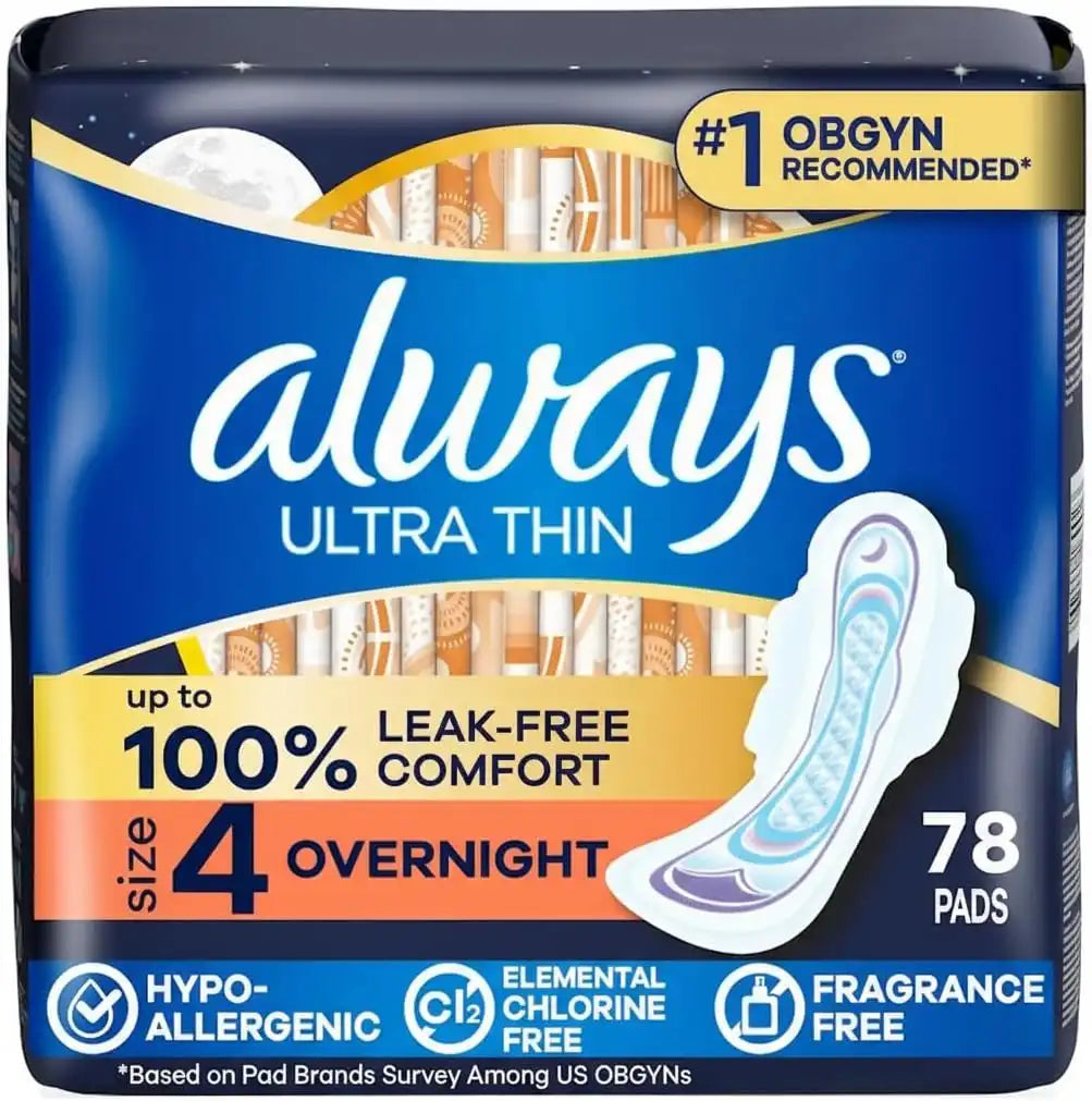 Always Ultra Thin Overnight Pads with Wings, Size 4, Overnight, 78 Count (3 Packs of 26)